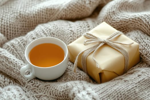 A warm cup of tea rests beside a carefully wrapped gift on a soft, knitted blanket, creating a cozy atmosphere perfect for winter relaxation.