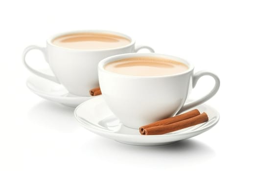 Two cups filled with creamy milk tea sit on saucers, accompanied by cinnamon sticks, creating a cozy, inviting atmosphere ideal for a warm afternoon.