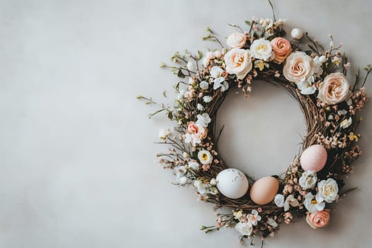 A beautifully crafted spring wreath features delicate pastel flowers and three decorated eggs. It is designed for Easter festivities, enhancing the seasonal decor.