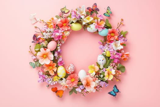 A vibrant wreath adorned with various flowers, painted eggs, and decorative butterflies is displayed on a soft pink background, celebrating the Easter holiday.