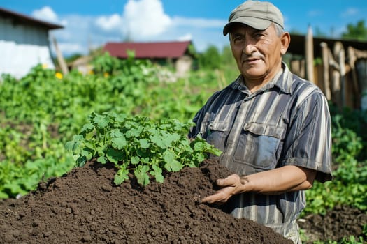 An elderly man stands in his garden, holding a pile of nutrient-rich soil topped with young plants. The bright sky and lush greenery enhance the joy of his gardening efforts.