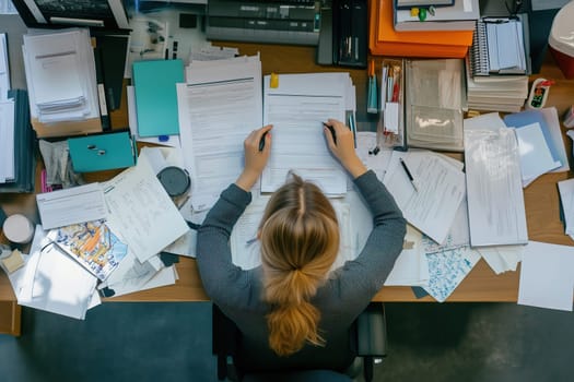 A person sits at a messy office desk, reviewing piles of documents and papers, highlighting forms, and taking notes in a busy workspace filled with materials.
