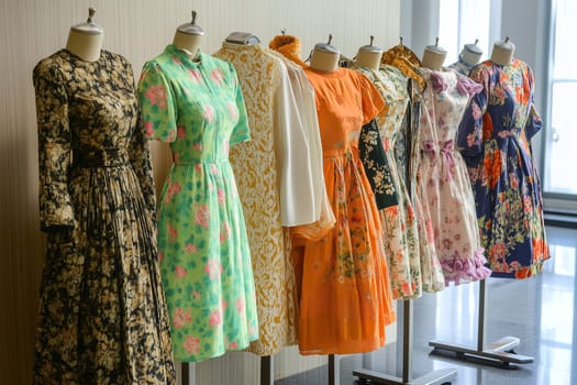 A collection of vibrant vintage dresses is showcased on mannequins inside a boutique. Each dress features unique patterns and colors, reflecting classic fashion styles.