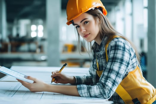 The young woman attentively studies blueprints while seated at a table in a construction site, wearing a safety helmet and work attire. Her concentration reflects her commitment to the project.