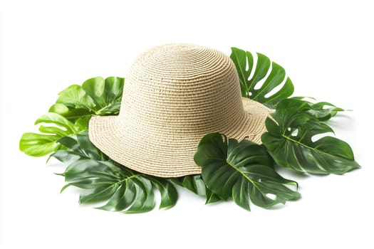 A straw sun hat is placed among vibrant green leaves, creating a fresh and natural setting ideal for summer fashion displays.