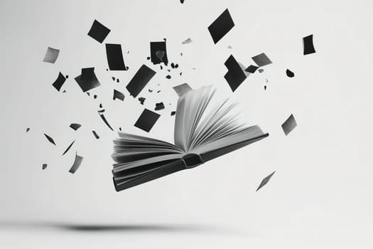 An open book is seen in a minimalist setting, surrounded by scattered black paper pieces that seem to float, representing a burst of creativity and imagination.