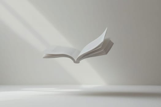 An open book hovers in mid-air, illuminated by gentle sunlight streaming through an unseen source. The minimalist background enhances the peaceful reading vibe.