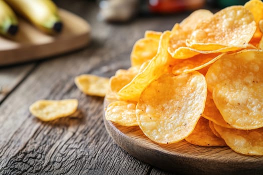 A generous pile of golden, crispy potato chips rests on a wooden plate in a cozy kitchen. Various condiments and fresh vegetables create a warm, inviting atmosphere.