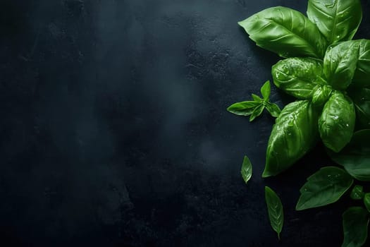 Fresh basil leaves lie on a dark countertop, displaying their rich green colors and smooth textures, ideal for enhancing dishes and presentations.
