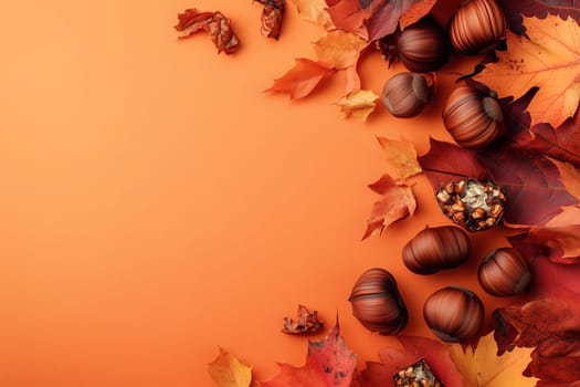 Vibrant autumn leaves in shades of orange, red, and brown scatter across an orange background, interspersed with glossy chestnuts, creating a festive fall atmosphere.