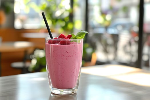 A delicious raspberry smoothie is presented in a clear glass with a black straw. Fresh raspberries and mint garnish enhance the refreshing drink in a bright café setting.