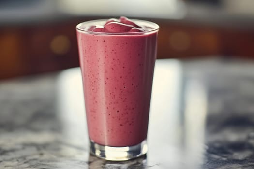 A vibrant berry smoothie, rich in color, is presented in a clear glass. It sits on a marble countertop, capturing the essence of a healthy treat in a well-lit kitchen.