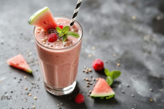 A tall glass holds a vibrant watermelon smoothie blended with fresh raspberries and garnished with mint leaves. Juicy watermelon slices accompany the drink.