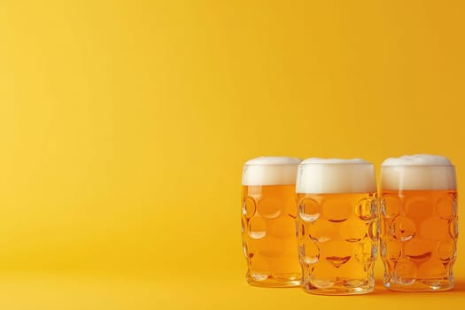 Three mugs filled with golden beer and topped with frothy white foam sit against a bright yellow backdrop, offering a lively and inviting vibe perfect for social gatherings.