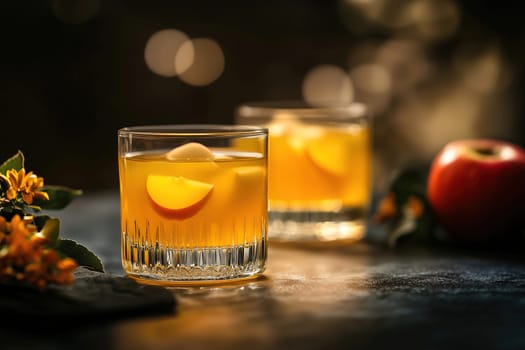 Two cocktails featuring vibrant orange liquid and fresh fruit garnishes are placed on a dark table. Soft lighting highlights surrounding flowers and an apple.