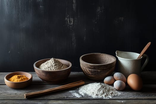 A collection of baking ingredients displayed on a rustic wooden table, featuring flour, eggs, spices, and a measuring cup, creating a warm atmosphere for cooking.
