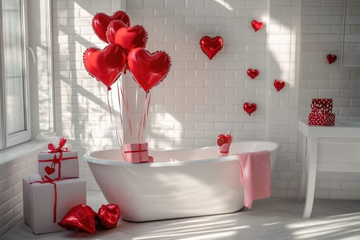 The bathroom is adorned with red heart balloons and gifts, creating a romantic atmosphere. Sunlight fills the space, highlighting the white bathtub and festive decorations.