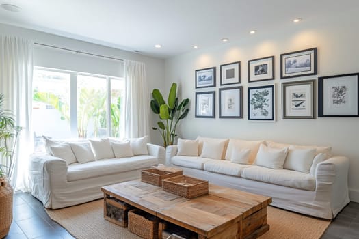 A bright living room showcases two white couches, a rustic wooden coffee table, and green plants. Framed artwork decorates the walls, creating a welcoming atmosphere.