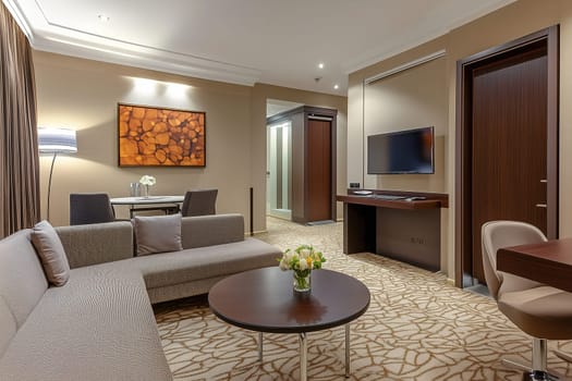 The stylish hotel suite showcases a comfortable seating area, elegant dining space, and modern amenities, creating an inviting atmosphere for guests.