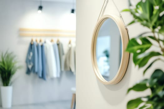 A stylish clothing store interior showcases a round wooden mirror alongside casual garments neatly hung on racks in a modern setting with soft lighting.