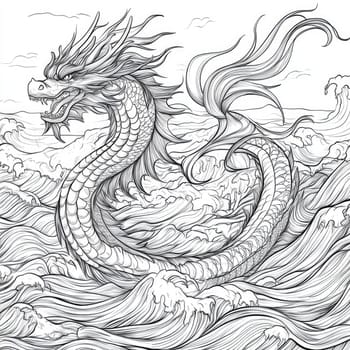 A powerful dragon emerges from the swirling waves, showcasing intricate scales and fierce expression. The stormy backdrop enhances the mythical atmosphere of the scene.