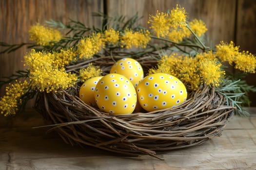 A rustic nest holds four vibrant yellow eggs decorated with white and blue dots, surrounded by delicate yellow flowers, creating a warm, inviting atmosphere.