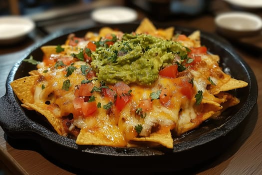 A savory platter of nachos with melted cheese, diced tomatoes, and vibrant guacamole, served hot on a sizzling skillet in a cozy restaurant setting.