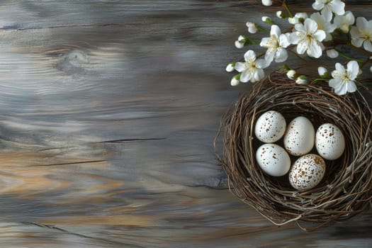 A nest containing five speckled eggs rests on a weathered wooden table, accompanied by delicate white flowers, suggesting a serene spring setting.