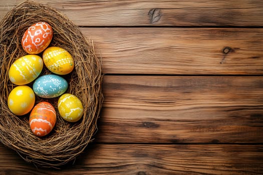 A collection of colorful, hand-painted Easter eggs rests in a natural nest on a wooden table, embodying the joy of spring celebrations and traditions.