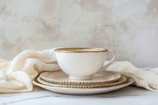 A sophisticated tea set features a delicate cup and matching saucers, adorned with gold trim, resting on a soft cloth in a serene setting.