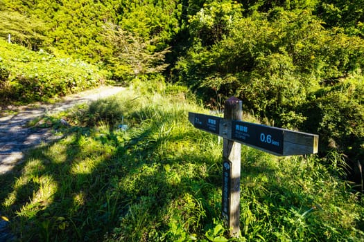 Hiking path landscape on the famous Magome-Tsumago Trail as part of the Nakasendo Way between Magome and Tsumago in Gifu Prefecture, Japan