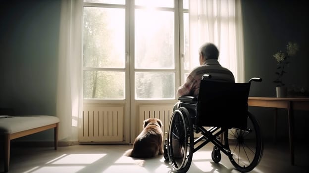 An elderly gentleman in his wheelchair gazes thoughtfully out of the window with his loyal dog by his side, savoring the view beyond
