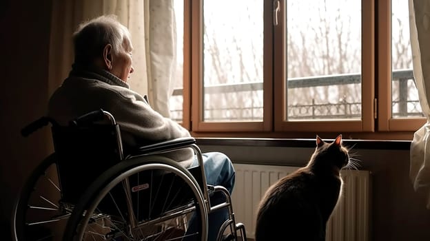 An elderly gentleman in his wheelchair gazes thoughtfully out of the window with his loyal cat by his side, savoring the view beyond