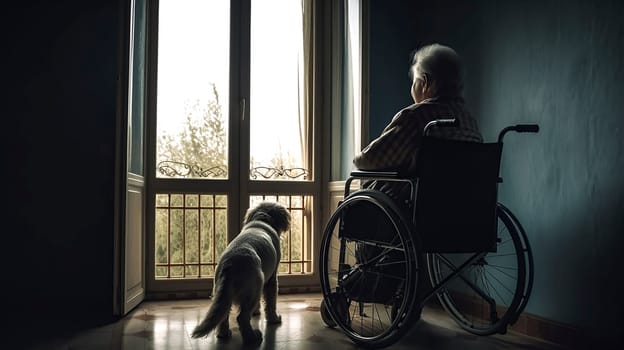 An elderly gentleman in his wheelchair gazes thoughtfully out of the window with his loyal dog by his side, savoring the view beyond