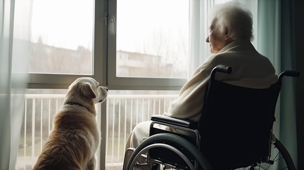 An elderly gentleman in his wheelchair gazes thoughtfully out of the window with his loyal dog by his side, savoring the view beyond