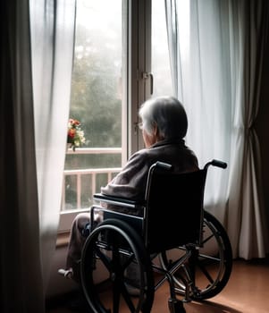 A man in a wheelchair gazes thoughtfully out a large window, contemplating his surroundings and the world beyond the glass