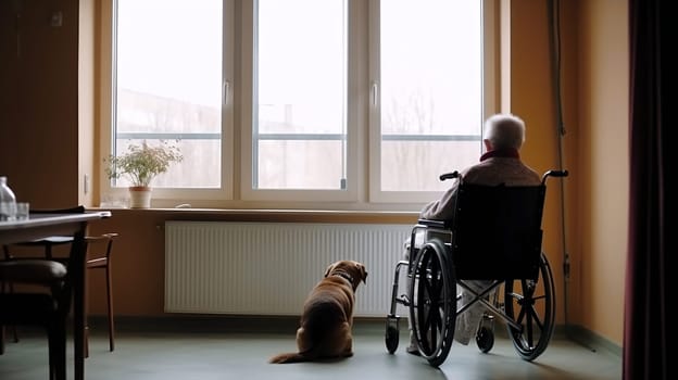 An elderly gentleman in his wheelchair gazes thoughtfully out of the window with his loyal dog by his side, savoring the view beyond