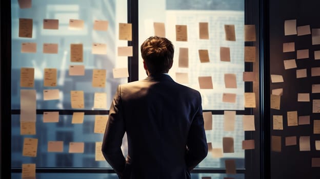 A man dressed in a formal suit is intently examining a wall that is completely covered with colorful sticky notes arranged in various patterns