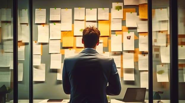 A man dressed in a formal suit is intently examining a wall that is completely covered with colorful sticky notes arranged in various patterns