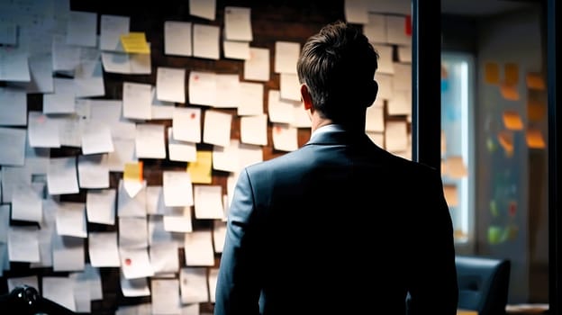 A man dressed in a formal suit is intently examining a wall that is completely covered with colorful sticky notes arranged in various patterns