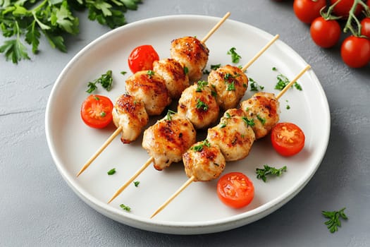 Tender grilled chicken skewers are garnished with parsley and accompanied by bright cherry tomatoes, making a delightful summer dish.