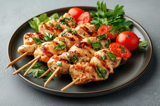 Juicy grilled chicken skewers are garnished with fresh herbs and paired with vibrant cherry tomatoes, creating an appetizing dish perfect for any meal.