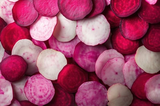 A colorful assortment of sliced red and white radishes fills the frame, showcasing their vibrant hues, perfect for adding a fresh touch to salads or dishes.
