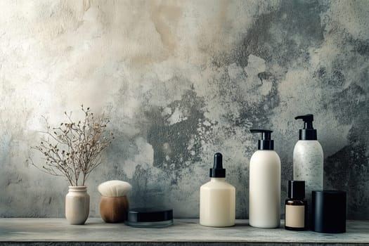 A collection of various skincare products is elegantly arranged on a wooden shelf beside a small vase of dried flowers, set against a rustic gray wall that enhances the calm atmosphere.