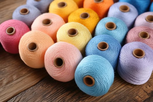 A collection of colorful spools of thread in pastel and bright shades is arranged neatly on a rustic wooden surface, perfect for sewing or crafting projects. Each spool displays a different color.