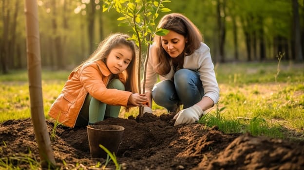 In a beautiful outdoor setting, a woman and a child are joyfully planting a young tree in the rich, nutritious dirt of the earth