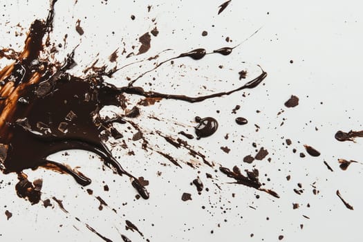 A variety of dark paint splatters and drips are scattered across a white surface, showcasing motion and creativity in an art-making process. The chaotic arrangement illustrates spontaneity.