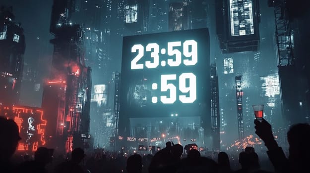 Massive crowd is partying under a futuristic clock, counting down the last seconds before midnight in a sprawling cyberpunk city