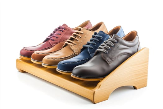 A selection of men’s dress shoes in different shades, neatly arranged on a wooden display stand, highlighting their distinct styles perfect for formal events.