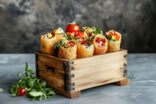 A vibrant display of crisp vegetable spring rolls is neatly arranged in a rustic wooden box. Fresh herbs and a cherry tomato add a touch of color to the setup.